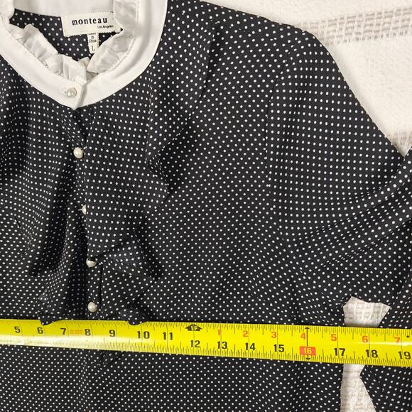 Monteau Black White Polka Dot Ruffle Collar Button Blouse Top L NEW - Picture 3 of 7